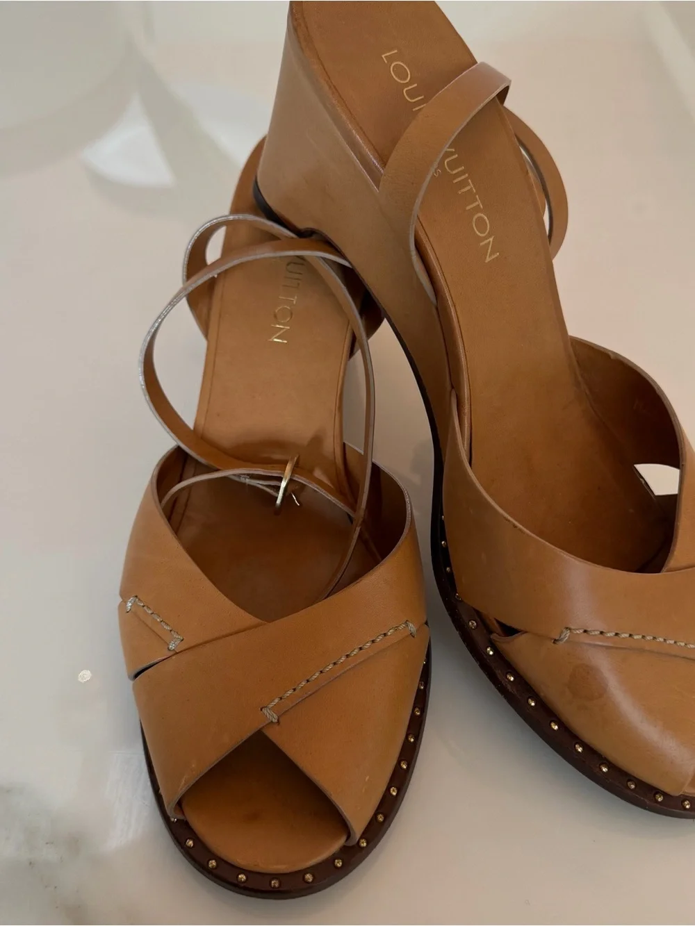 Louis Vuitton Cognac Leather Wedge Sandals with Ankle Strap